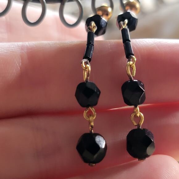 Vintage 1980s Black Bead Dangle Earrings Gold Tone Long Drop New Old Stock NOS - Picture 4 of 8